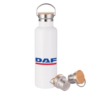DAF, Μεταλλικό παγούρι θερμός (Stainless steel) Λευκό με ξύλινο καπάκι (bamboo), διπλού τοιχώματος, 750ml