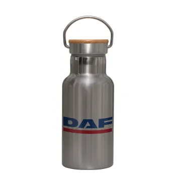 DAF, Μεταλλικό παγούρι θερμός (Stainless steel) Ασημένιο με ξύλινο καπακι (bamboo), διπλού τοιχώματος, 350ml
