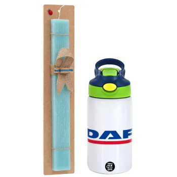 DAF, Easter Set, Children's thermal stainless steel bottle with safety straw, green/blue (350ml) & aromatic flat Easter candle (30cm) (TURQUOISE)
