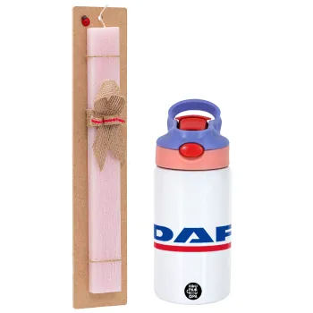 DAF, Easter Set, Children's thermal stainless steel water bottle with safety straw, pink/purple (350ml) & Easter scented flat candle (30cm) (PINK)
