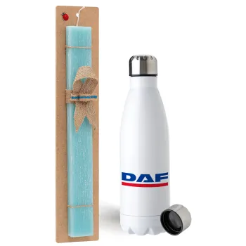 DAF, Easter Set, metallic stainless steel water bottle (750ml) & aromatic flat Easter candle (30cm) (TURQUOISE)