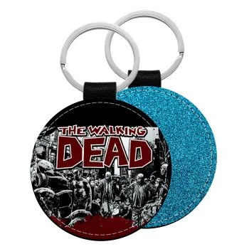 The walking dead comic drawing zombie, Μπρελόκ Δερματίνη, στρογγυλό ΜΠΛΕ (5cm)