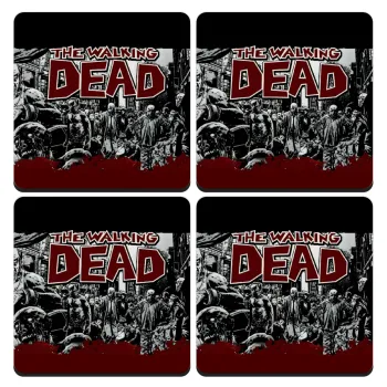 The walking dead comic drawing zombie, ΣΕΤ 4 Σουβέρ ξύλινα τετράγωνα (9cm)