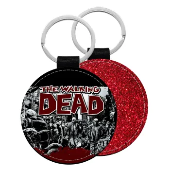 The walking dead comic drawing zombie, Μπρελόκ Δερματίνη, στρογγυλό ΚΟΚΚΙΝΟ (5cm)