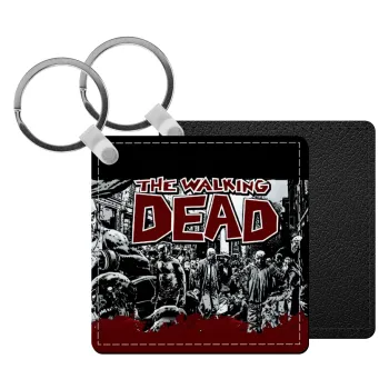 The walking dead comic drawing zombie, Μπρελόκ Δερματίνη, τετράγωνο ΜΑΥΡΟ (5x5cm)