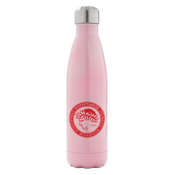 Ολυμπιακός, Μεταλλικό παγούρι θερμός Ροζ Ιριδίζον (Stainless steel), διπλού τοιχώματος, 500ml
