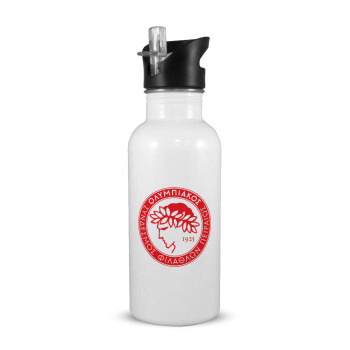 Ολυμπιακός, White water bottle with straw, stainless steel 600ml