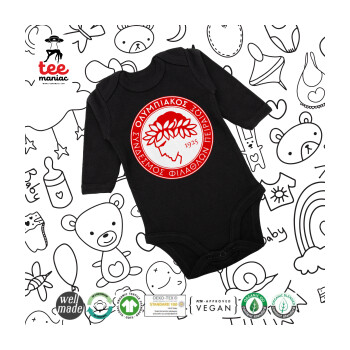 Ολυμπιακός, Μακρυμάνικο βρεφικό φορμάκι, 0-18 μηνών, ΜΑΥΡΟ, 100% Organic Cotton