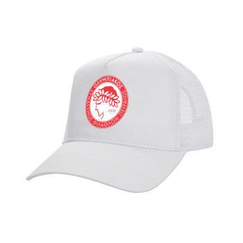 Ολυμπιακός, Structured Trucker Adult Hat, with Mesh, WHITE (100% COTTON, ADULT, UNISEX, ONE SIZE)
