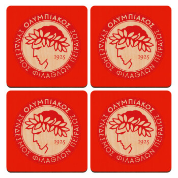 Ολυμπιακός, ΣΕΤ x4 Σουβέρ ξύλινα τετράγωνα plywood (9cm)