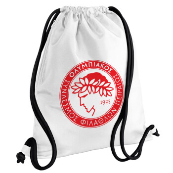 Ολυμπιακός, Τσάντα πλάτης πουγκί GYMBAG λευκή, με τσέπη (40x48cm) & χονδρά κορδόνια