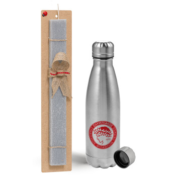 Ολυμπιακός, Easter Set, metallic Inox water bottle (750ml) & aromatic flat Easter candle (30cm) (GRAY)