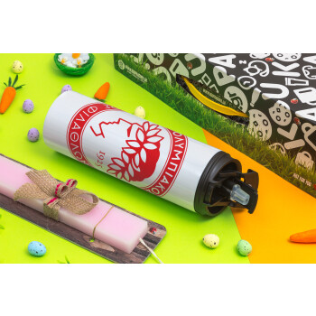 Ολυμπιακός, Easter candle,Travel Tumbler 2 Lids, with metal straw & cleaning brush & aromatic flat candle (30cm) (PINK)