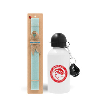 Ολυμπιακός, Easter Set, metallic aluminum water bottle (500ml) & scented flat candle (30cm) (TURQUOISE)