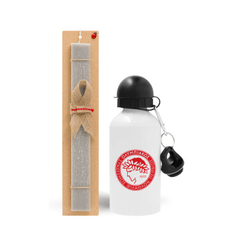 Ολυμπιακός, Easter Set, metallic aluminum water bottle (500ml) & aromatic flat Easter candle (30cm) (GRAY)