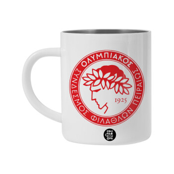 Ολυμπιακός, Λευκή Ανοξείδωτη Μεταλλική Κούπα 450ml - Διπλού Τοιχώματος 