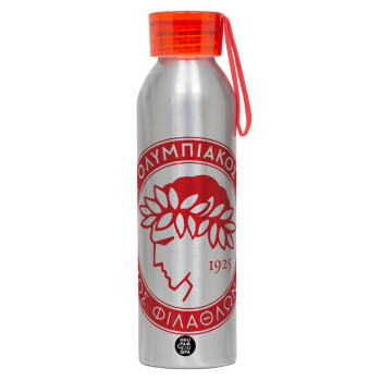 Ολυμπιακός, Αλουμινένιο Αθλητικό Μπουκάλι 650ml – Ασημί με Κόκκινο Καπάκι και Λουράκι Σιλικόνης