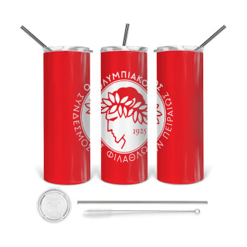 Ολυμπιακός, Tumbler ποτήρι θερμό από ανοξείδωτο ατσάλι 600ml, με μεταλλικό καλαμάκι & βούρτσα καθαρισμού