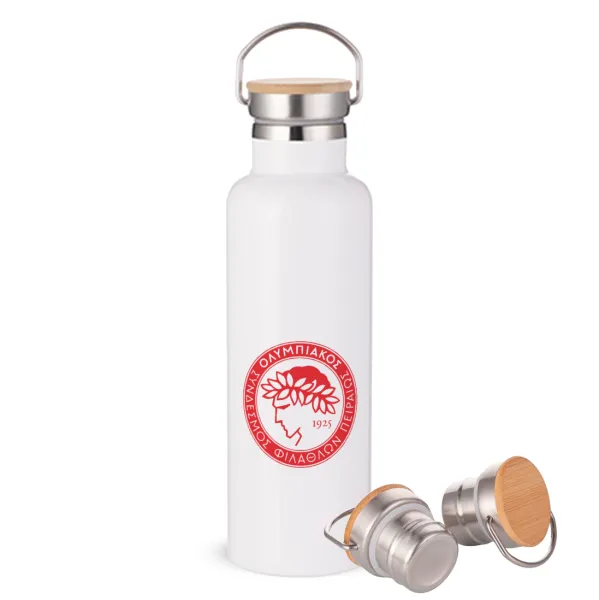 Ολυμπιακός — Μεταλλικό παγούρι θερμός (Stainless steel) Λευκό με ξύλινο καπάκι (bamboo), διπλού τοιχώματος, 750ml