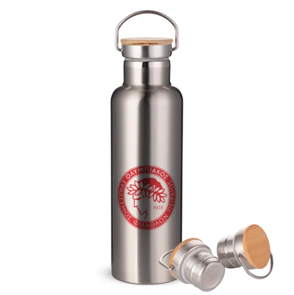 Ολυμπιακός — Stainless steel Silver with wooden lid (bamboo), double wall, 750ml