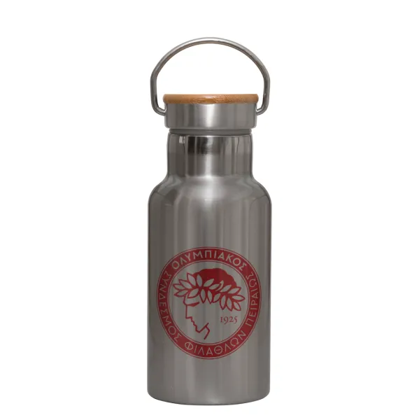 Ολυμπιακός — Stainless steel metallic thermos flask, silver with a bamboo lid, double-walled, 350ml.