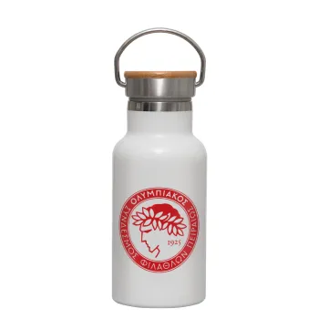 Ολυμπιακός, Μεταλλικό παγούρι θερμός (Stainless steel) Λευκό με ξύλινο καπακι (bamboo), διπλού τοιχώματος, 350ml