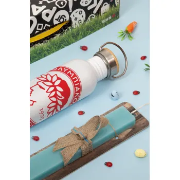 Ολυμπιακός, Πασχαλινή Λαμπάδα με παγούρι μεταλλικό (620ml, stainless steel) & κερί αρωματικό πλακέ (30cm) (ΤΙΡΚΟΥΑΖ)