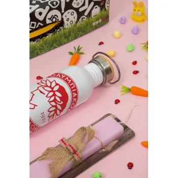 Ολυμπιακός, Πασχαλινή Λαμπάδα με παγούρι μεταλλικό (620ml, stainless steel) & κερί αρωματικό πλακέ (30cm) (ΡΟΖ)