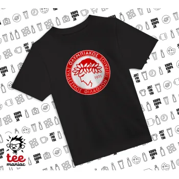 Ολυμπιακός, Άνετο παιδικό T-Shirt ΜΑΥΡΟ από 100% βαμβάκι, για κάθε μέρα. Vegan & OEKO-TEX πιστοποιημένο.