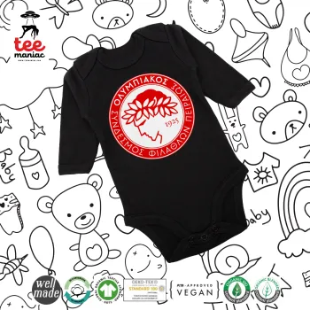 Ολυμπιακός, Μακρυμάνικο βρεφικό φορμάκι, 0-18 μηνών, ΜΑΥΡΟ, 100% Organic Cotton