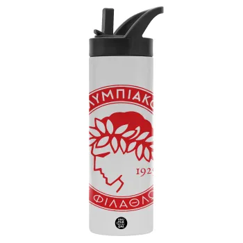 Ολυμπιακός, Μεταλλικό παγούρι θερμός με καλαμάκι & χειρολαβή, ανοξείδωτο ατσάλι (Stainless steel 304), διπλού τοιχώματος, 600ml