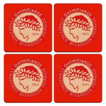 Ολυμπιακός, ΣΕΤ x4 Σουβέρ ξύλινα τετράγωνα plywood (9cm)
