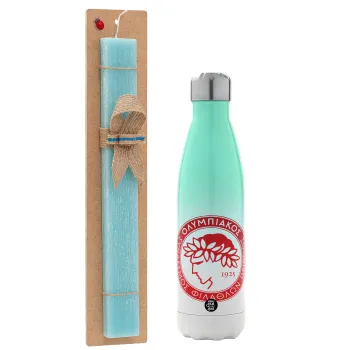 Ολυμπιακός, Easter Set, Metallic green/white thermos (Stainless steel), double-walled, 500ml & scented flat Easter candle (30cm) (TURQUOISE)