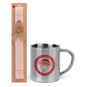 Ολυμπιακός, Easter Set, metallic thermal cup (300ml) & aromatic flat Easter candle (30cm) (PINK)