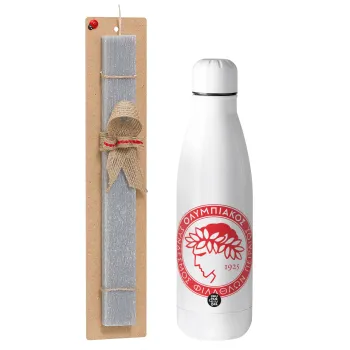 Ολυμπιακός, Easter Set, metallic stainless thermos bottle (500ml) & scented flat Easter candle (30cm) (GRAY)