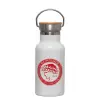 Metallic thermos (Stainless steel) White with wooden lid (bamboo), double-walled, 350ml