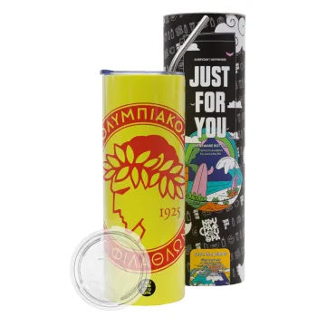 Ολυμπιακός, Neon Yellow Travel Tumbler θερμό, μεταλλικό καλαμάκι(Ανωξείδωτο 304 Food grade, BPA free, 600ml)