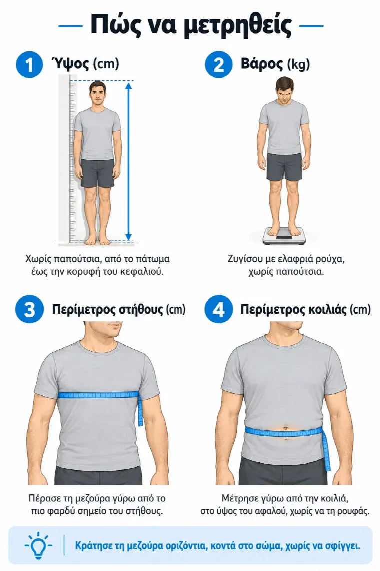 How to measure: height without shoes, from the floor to the top of the head · weight in light clothing, without shoes · chest at its widest point · waist at the level of the navel. Keep the tape horizontal, close to the body, without tightening.